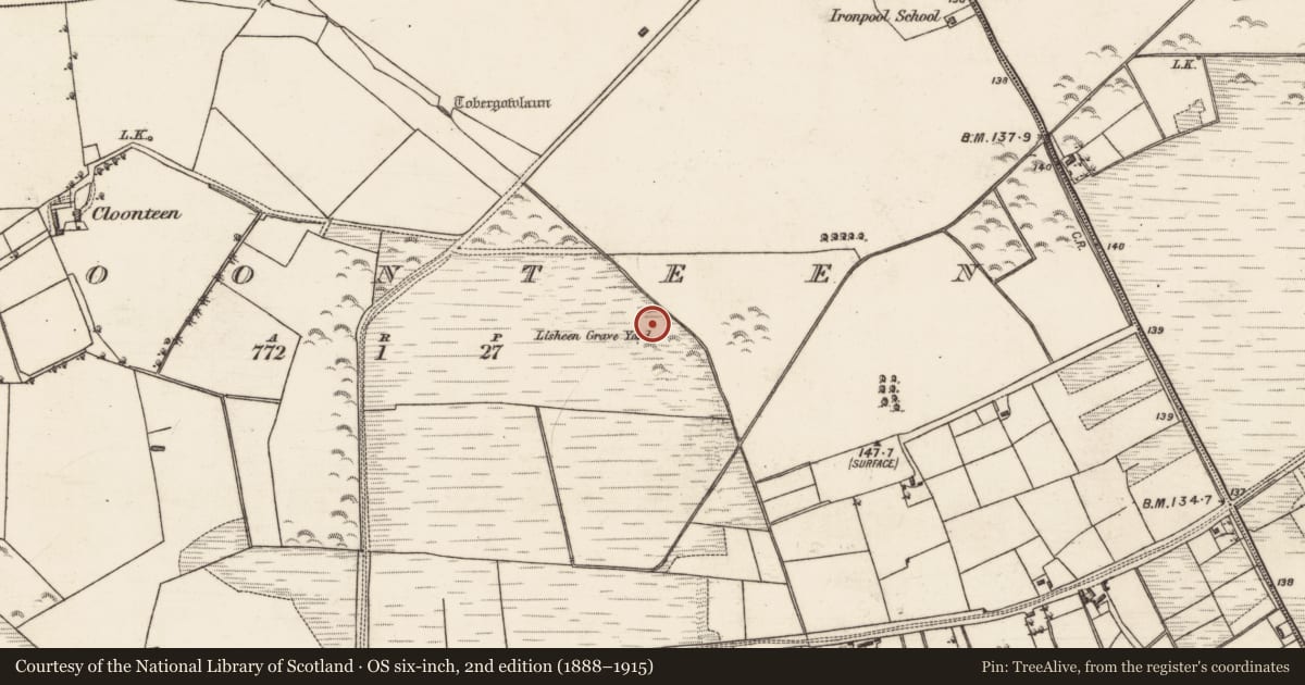 Ordnance Survey six-inch map, 2nd edition (1888–1915) covering the location of Children's burial ground, Cloonteen, County Galway, with a pin at the register's coordinates