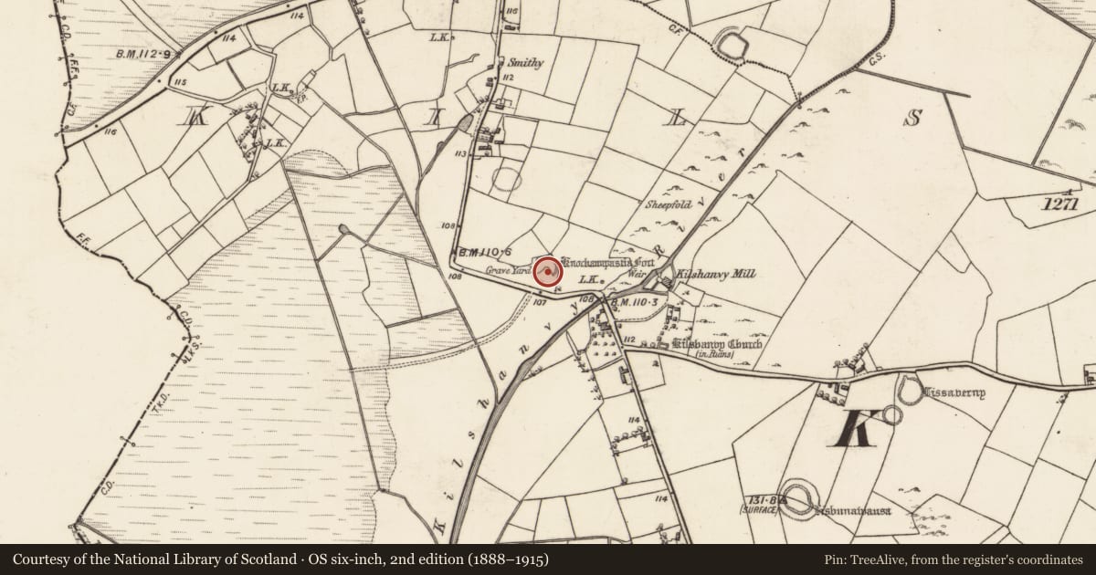 Ordnance Survey six-inch map, 2nd edition (1888–1915) covering the location of Children's burial ground, Kilshanvy, County Galway, with a pin at the register's coordinates