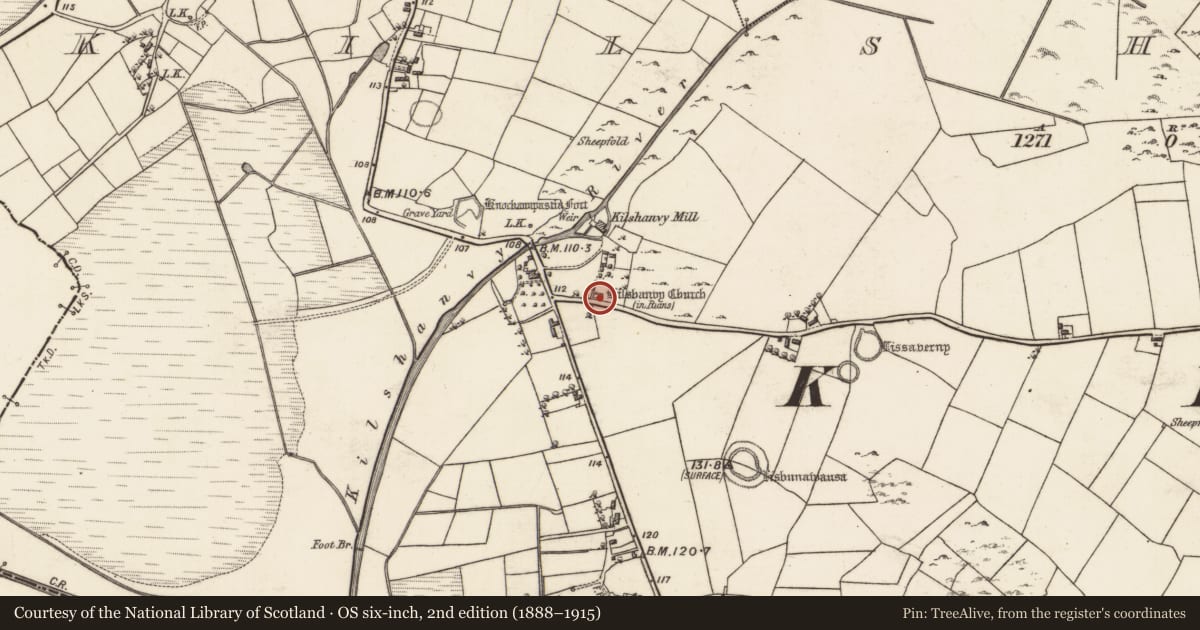Ordnance Survey six-inch map, 2nd edition (1888–1915) covering the location of Church, Kilshanvy, County Galway, with a pin at the register's coordinates