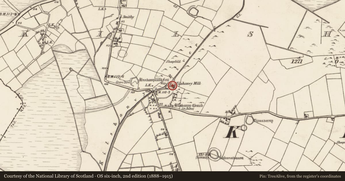 Ordnance Survey six-inch map, 2nd edition (1888–1915) covering the location of Mill - unclassified, Kilshanvy, County Galway, with a pin at the register's coordinates