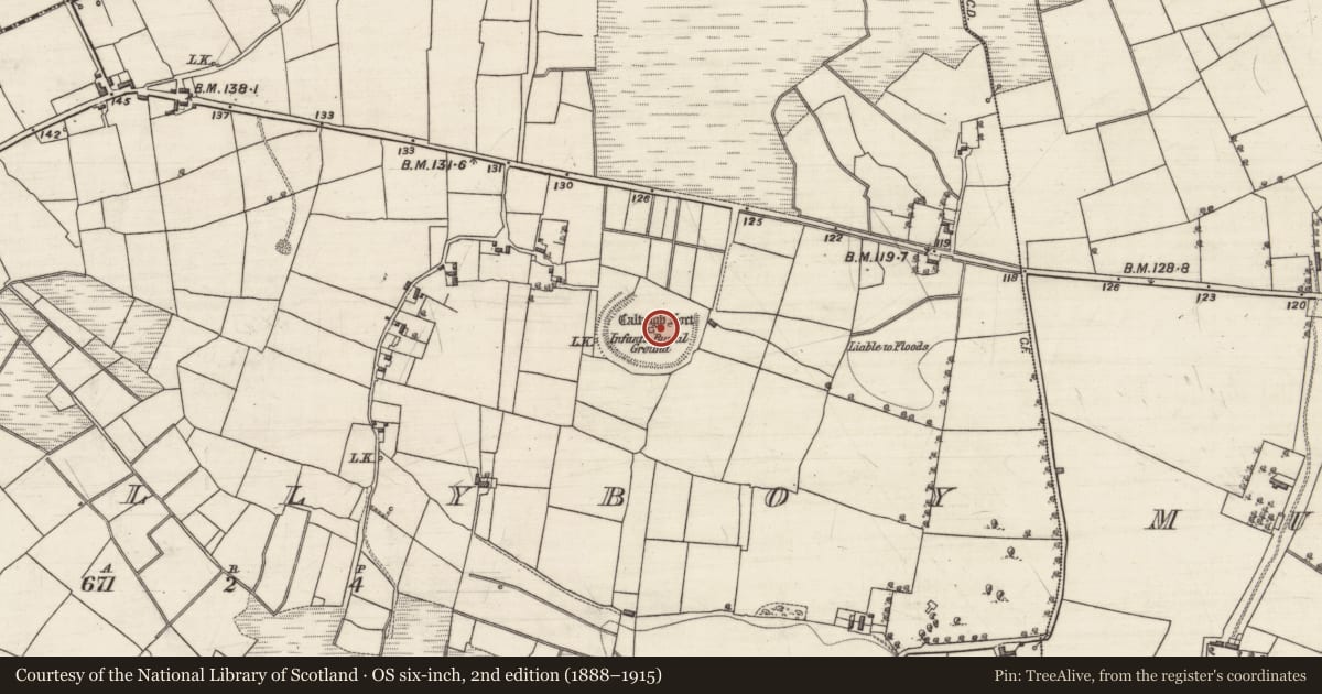 Ordnance Survey six-inch map, 2nd edition (1888–1915) covering the location of Children's burial ground, Ballyboy, County Galway, with a pin at the register's coordinates
