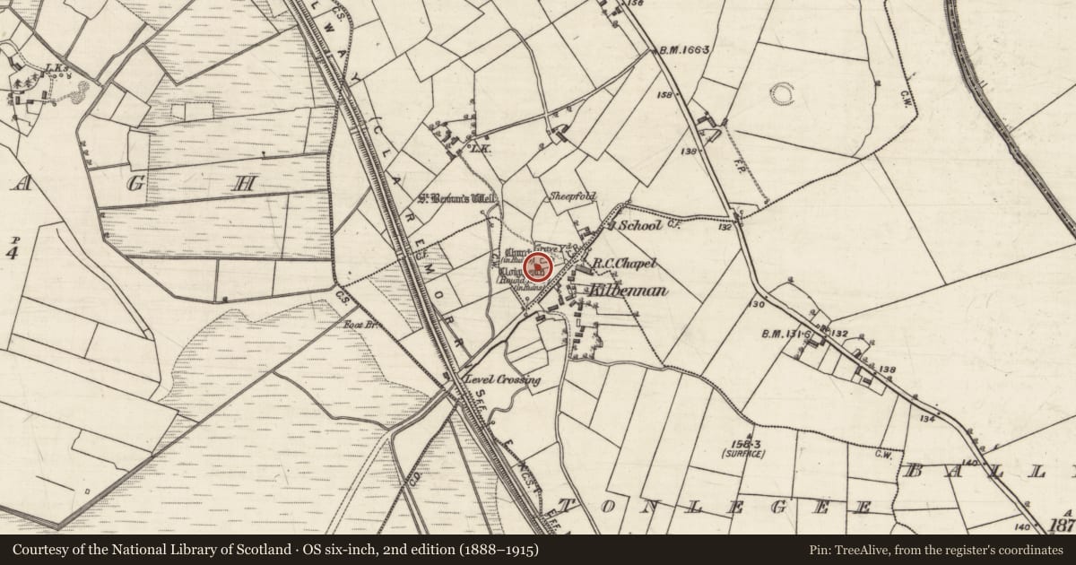 Ordnance Survey six-inch map, 2nd edition (1888–1915) covering the location of Round tower, Pollacorragune, County Galway, with a pin at the register's coordinates