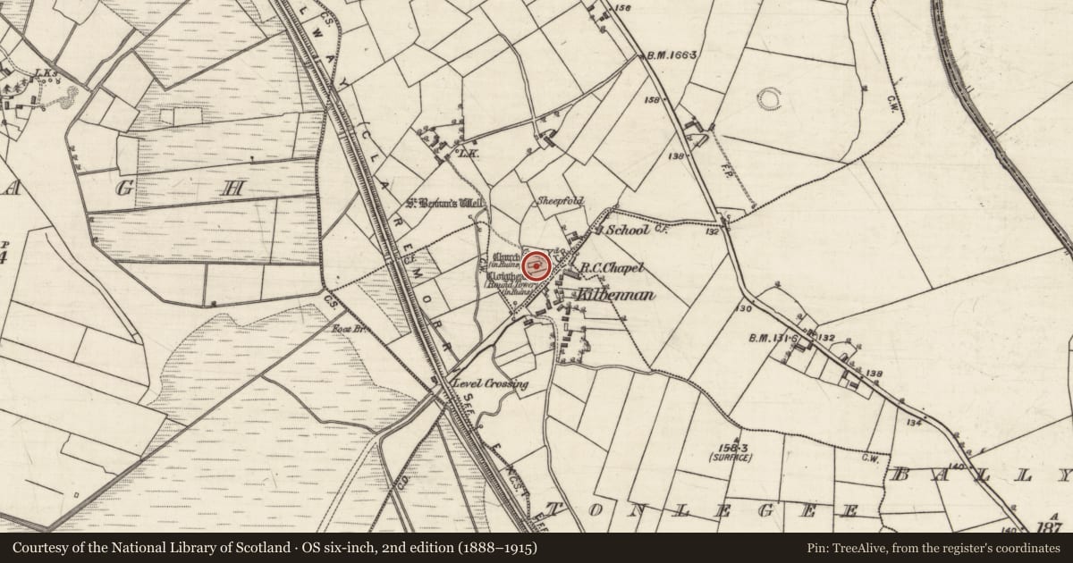 Ordnance Survey six-inch map, 2nd edition (1888–1915) covering the location of Church, Pollacorragune, County Galway, with a pin at the register's coordinates