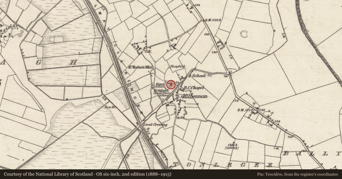 Ordnance Survey six-inch map, 2nd edition (1888–1915) covering the location of Ecclesiastical enclosure, County Galway, with a pin at the register's coordinates