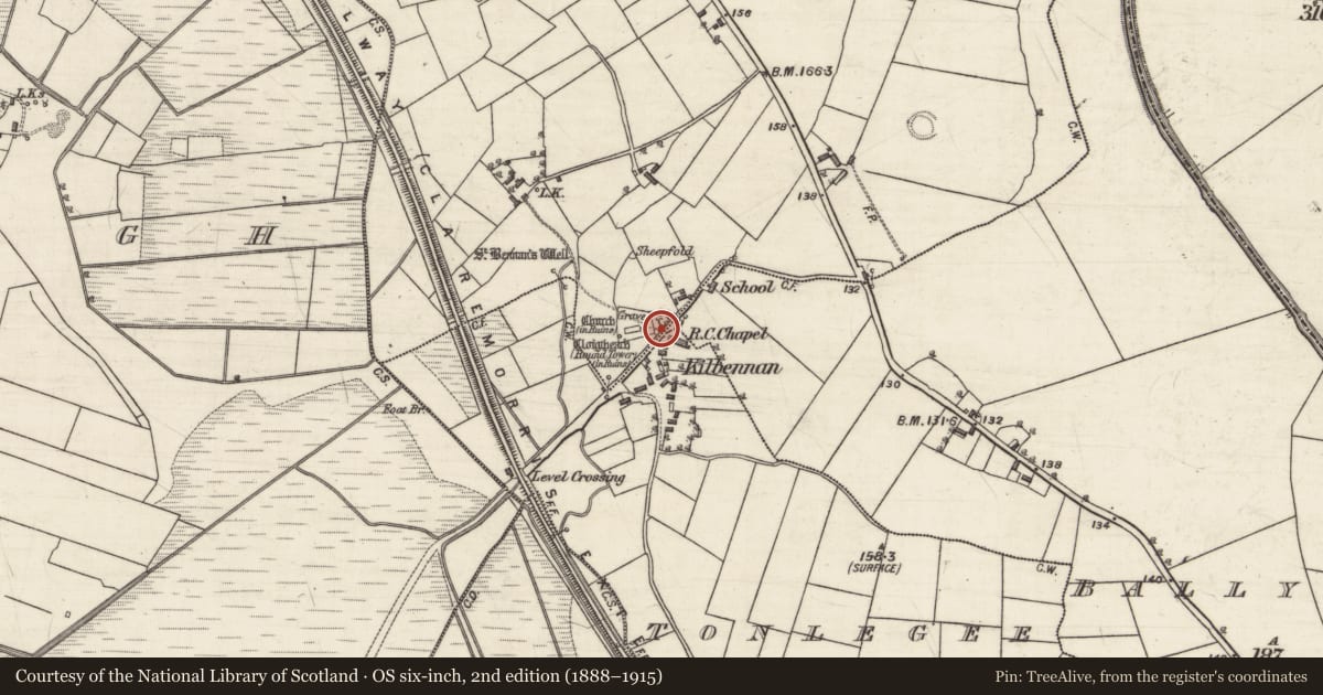 Ordnance Survey six-inch map, 2nd edition (1888–1915) covering the location of Kiln - lime, Pollacorragune, County Galway, with a pin at the register's coordinates