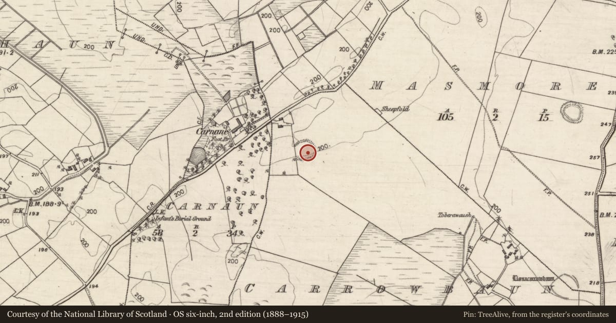 Ordnance Survey six-inch map, 2nd edition (1888–1915) covering the location of Ringfort - rath, Carrowbaun, County Galway, with a pin at the register's coordinates