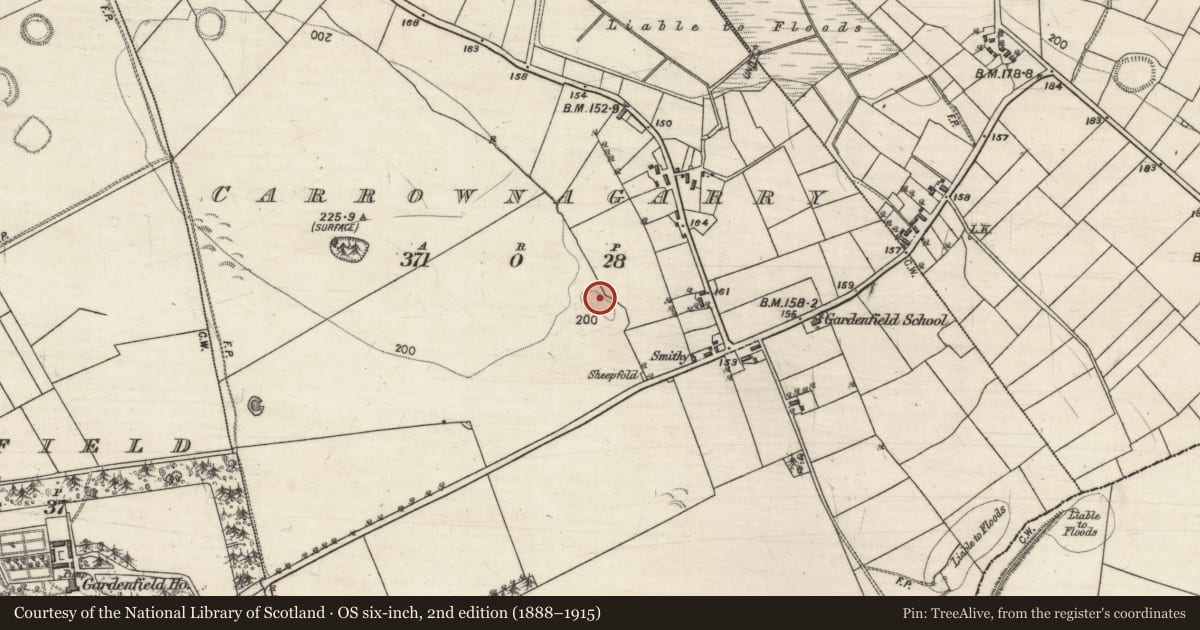 Ordnance Survey six-inch map, 2nd edition (1888–1915) covering the location of Cross, Carrownagarry, County Galway, with a pin at the register's coordinates