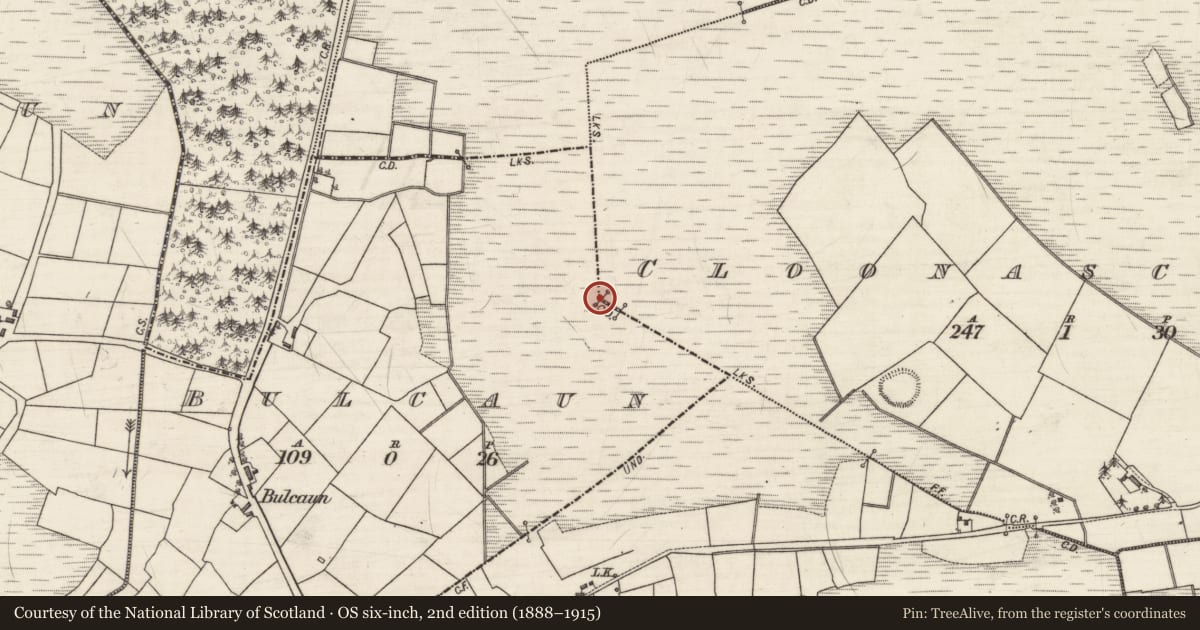Ordnance Survey six-inch map, 2nd edition (1888–1915) covering the location of Boundary mound, Bulcaun, Cloonascragh, County Galway, with a pin at the register's coordinates