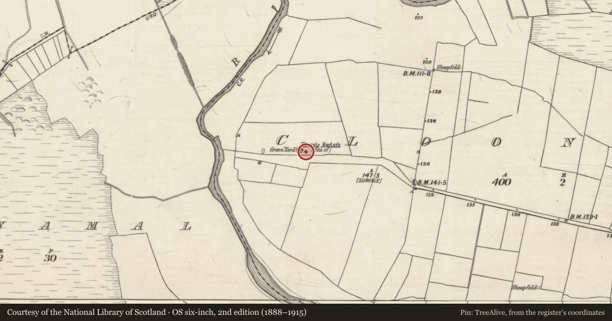 Ordnance Survey six-inch map, 2nd edition (1888–1915) covering the location of Graveyard, Cloonfush, County Galway, with a pin at the register's coordinates