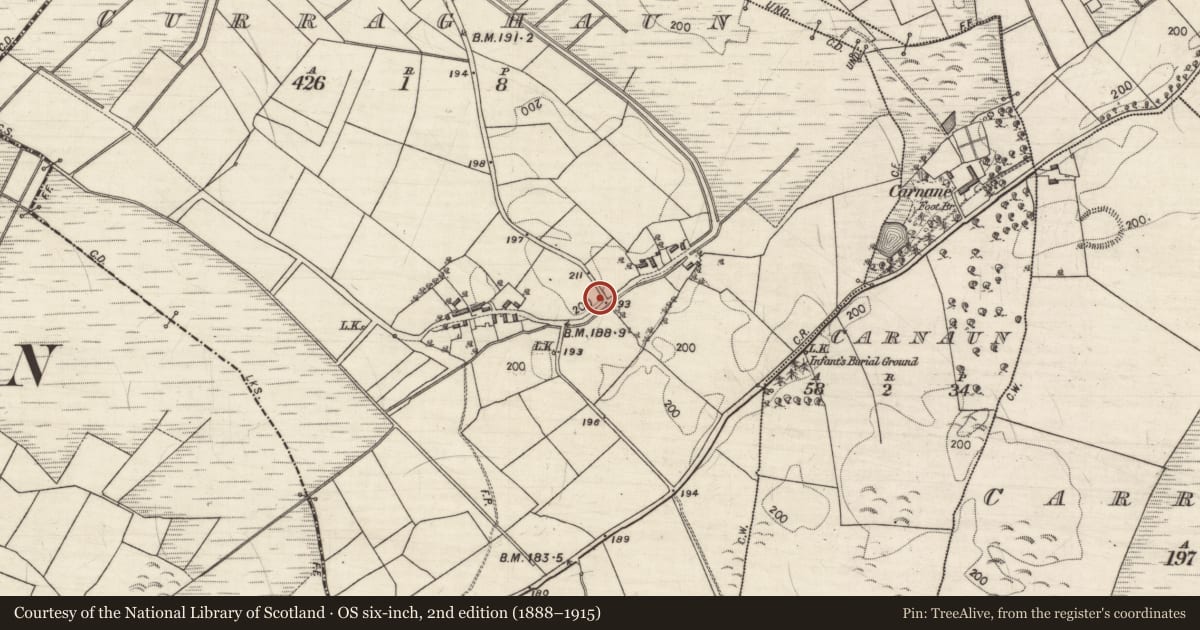 Ordnance Survey six-inch map, 2nd edition (1888–1915) covering the location of Ritual site - holy tree/bush, Curraghaun, County Galway, with a pin at the register's coordinates
