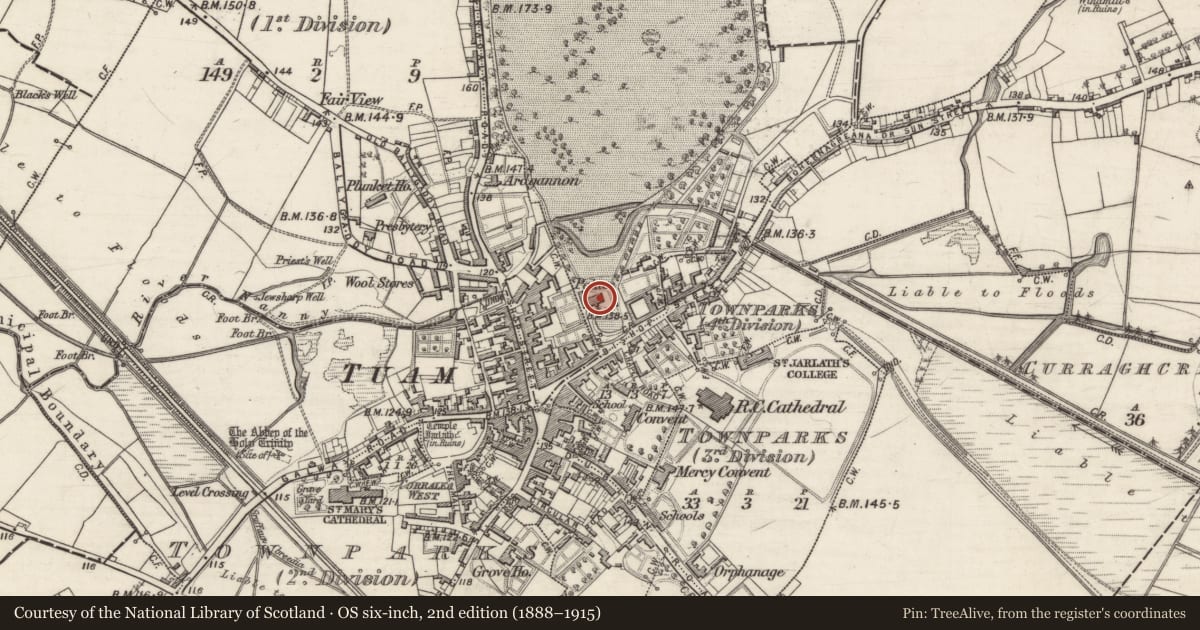 Ordnance Survey six-inch map, 2nd edition (1888–1915) covering the location of Ecclesiastical residence, Demesne, County Galway, with a pin at the register's coordinates