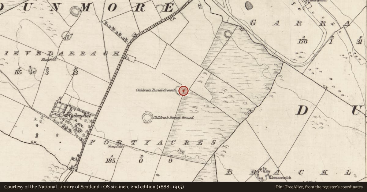 Ordnance Survey six-inch map, 2nd edition (1888–1915) covering the location of Children's burial ground, Fortyacres, County Galway, with a pin at the register's coordinates
