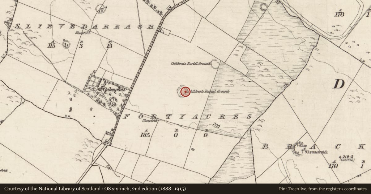 Ordnance Survey six-inch map, 2nd edition (1888–1915) covering the location of Children's burial ground, Fortyacres, County Galway, with a pin at the register's coordinates