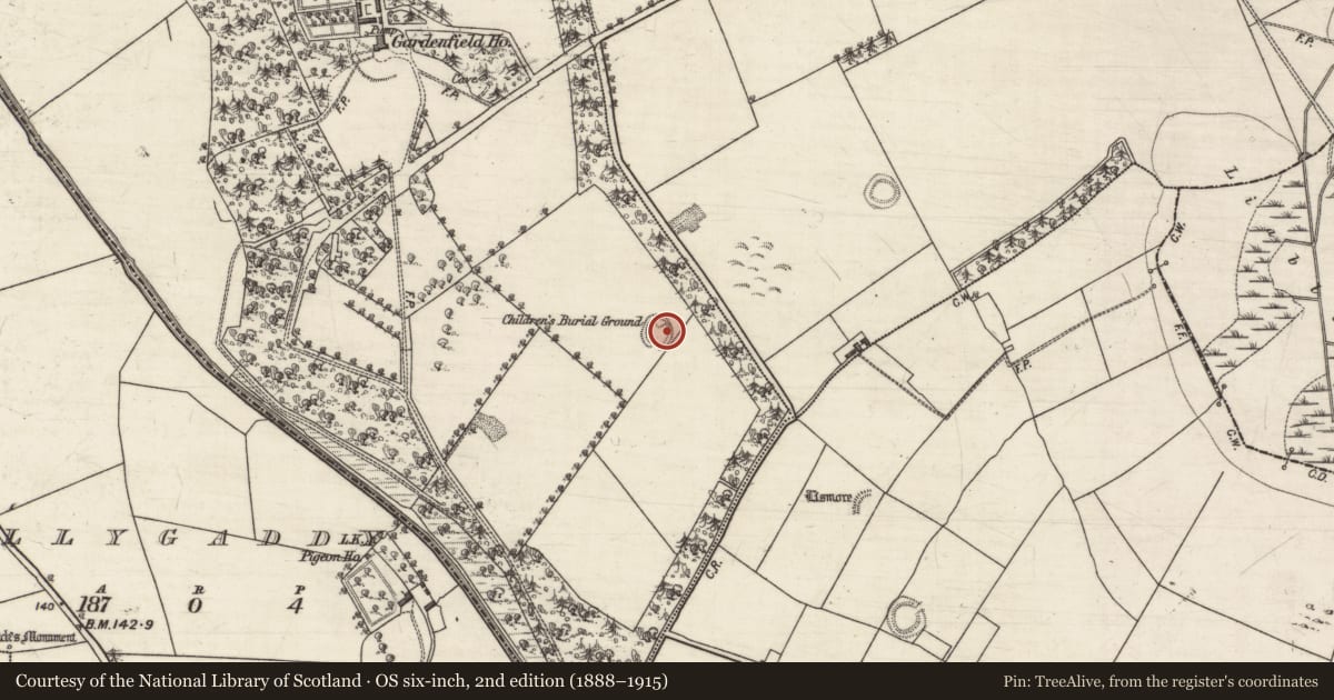 Ordnance Survey six-inch map, 2nd edition (1888–1915) covering the location of Children's burial ground, Gardenfield, County Galway, with a pin at the register's coordinates