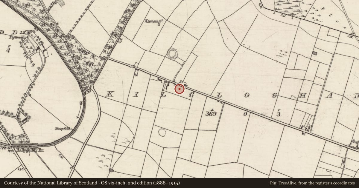 Ordnance Survey six-inch map, 2nd edition (1888–1915) covering the location of Ringfort - rath, Kilcloghans, County Galway, with a pin at the register's coordinates