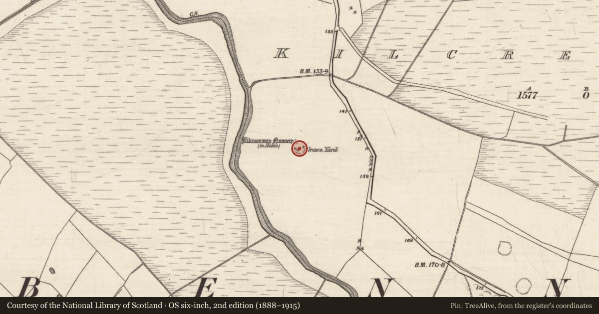 Ordnance Survey six-inch map, 2nd edition (1888–1915) covering the location of Religious house - Benedictine nuns, Kilcreevanty, County Galway, with a pin at the register's coordinates