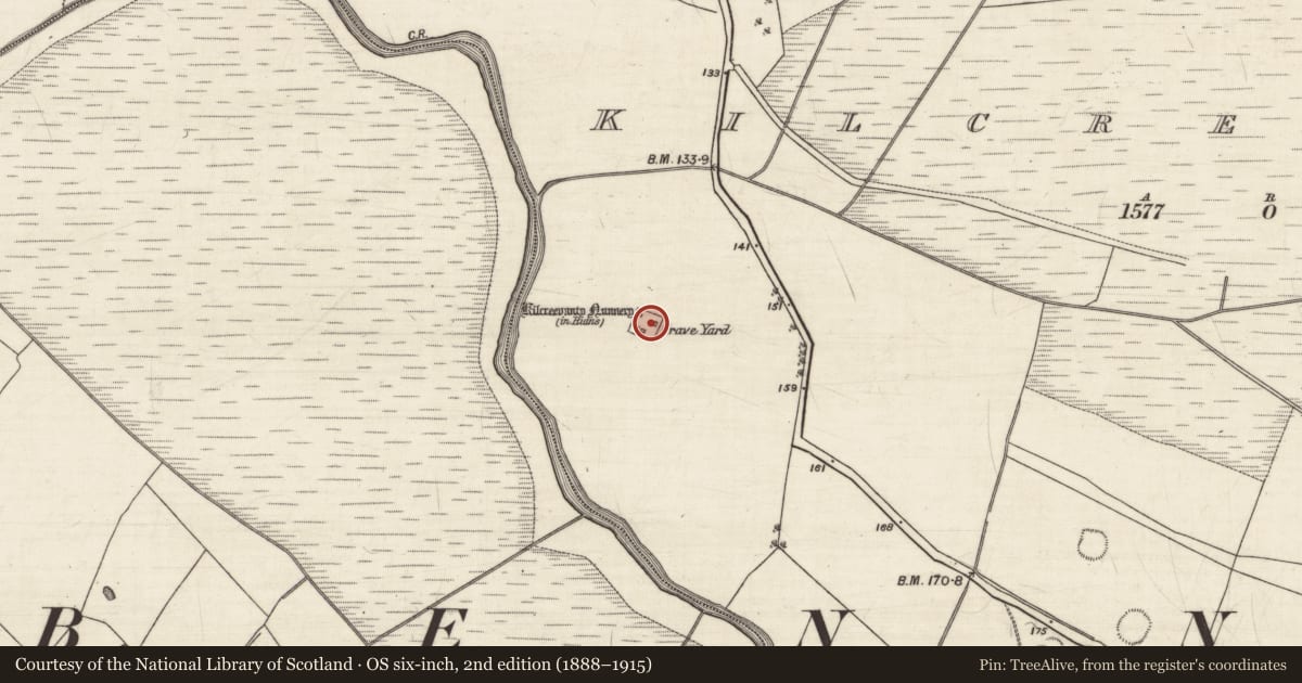 Ordnance Survey six-inch map, 2nd edition (1888–1915) covering the location of Field system, Kilcreevanty, County Galway, with a pin at the register's coordinates