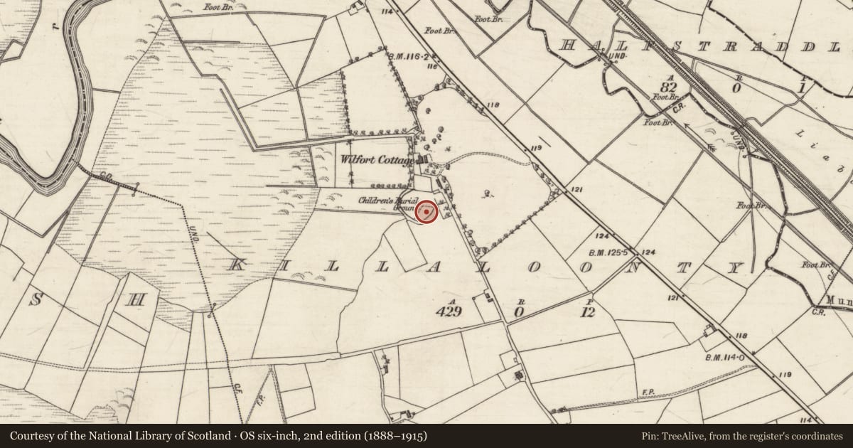 Ordnance Survey six-inch map, 2nd edition (1888–1915) covering the location of Children's burial ground, Killaloonty, County Galway, with a pin at the register's coordinates