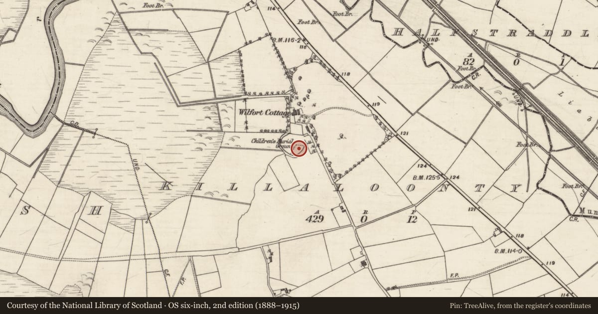 Ordnance Survey six-inch map, 2nd edition (1888–1915) covering the location of Building, Killaloonty, County Galway, with a pin at the register's coordinates