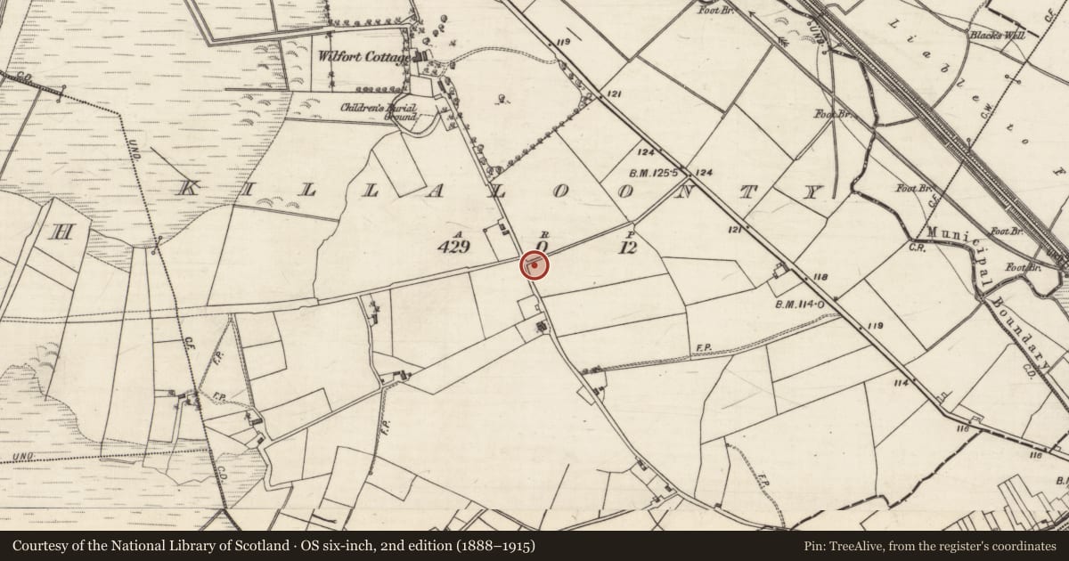 Ordnance Survey six-inch map, 2nd edition (1888–1915) covering the location of Kiln - lime, Killaloonty, County Galway, with a pin at the register's coordinates