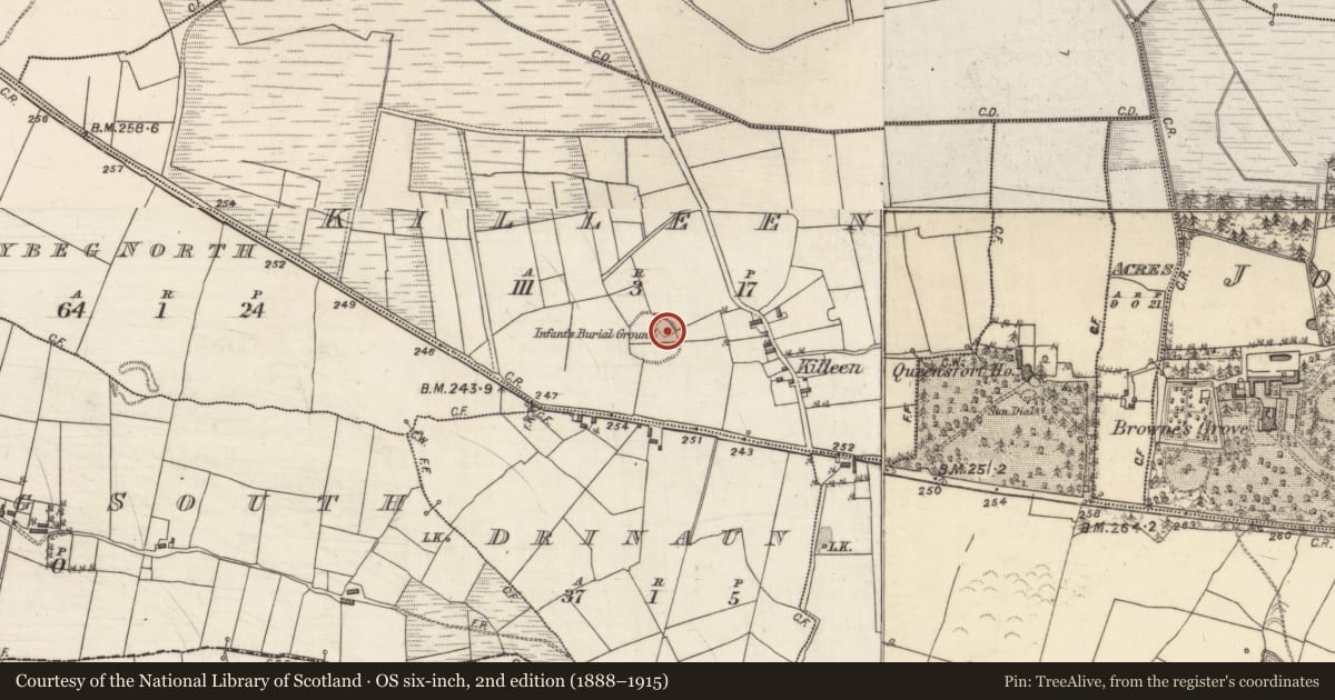 Ordnance Survey six-inch map, 2nd edition (1888–1915) covering the location of Children's burial ground, Killeen, County Galway, with a pin at the register's coordinates