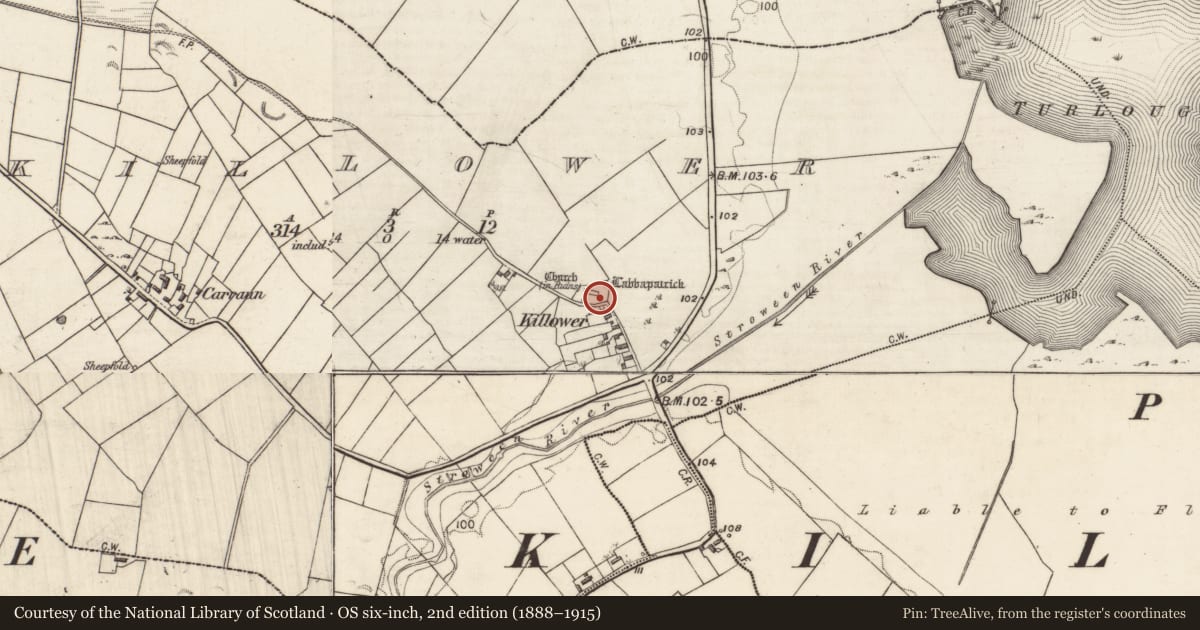 Ordnance Survey six-inch map, 2nd edition (1888–1915) covering the location of Church, Killower, County Galway, with a pin at the register's coordinates