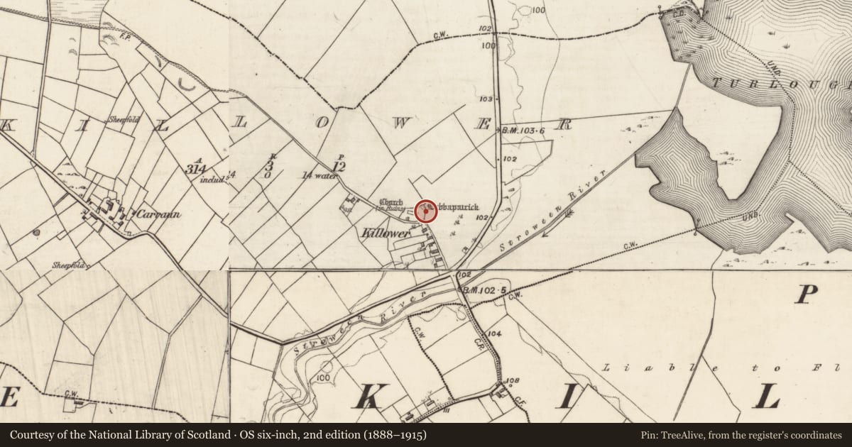 Ordnance Survey six-inch map, 2nd edition (1888–1915) covering the location of Monumental structure, Killower, County Galway, with a pin at the register's coordinates