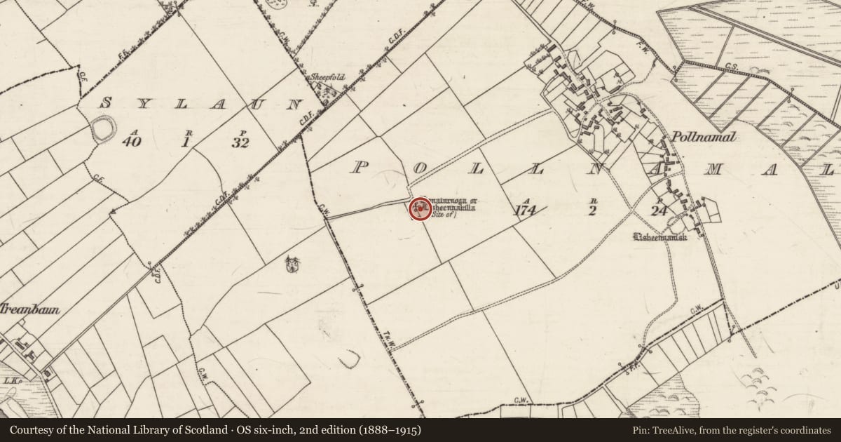 Ordnance Survey six-inch map, 2nd edition (1888–1915) covering the location of Children's burial ground, Pollnamal, County Galway, with a pin at the register's coordinates
