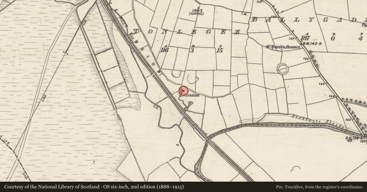 Ordnance Survey six-inch map, 2nd edition (1888–1915) covering the location of Ritual site - holy well, Tonlegee, County Galway, with a pin at the register's coordinates