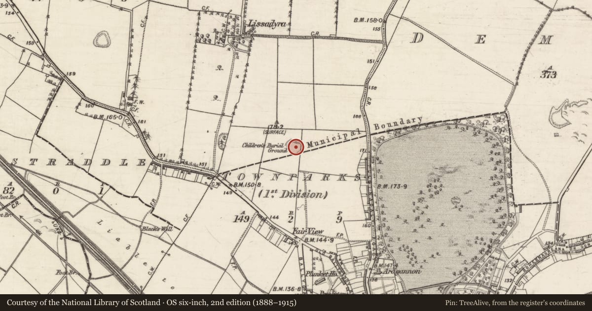 Ordnance Survey six-inch map, 2nd edition (1888–1915) covering the location of Ringfort - rath, Townparks (1st Division - Tuam), County Galway, with a pin at the register's coordinates