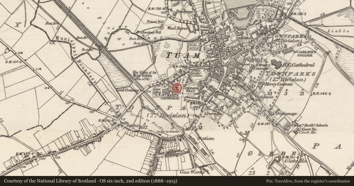 Ordnance Survey six-inch map, 2nd edition (1888–1915) covering the location of Building, Townparks (2nd Division - Tuam), County Galway, with a pin at the register's coordinates