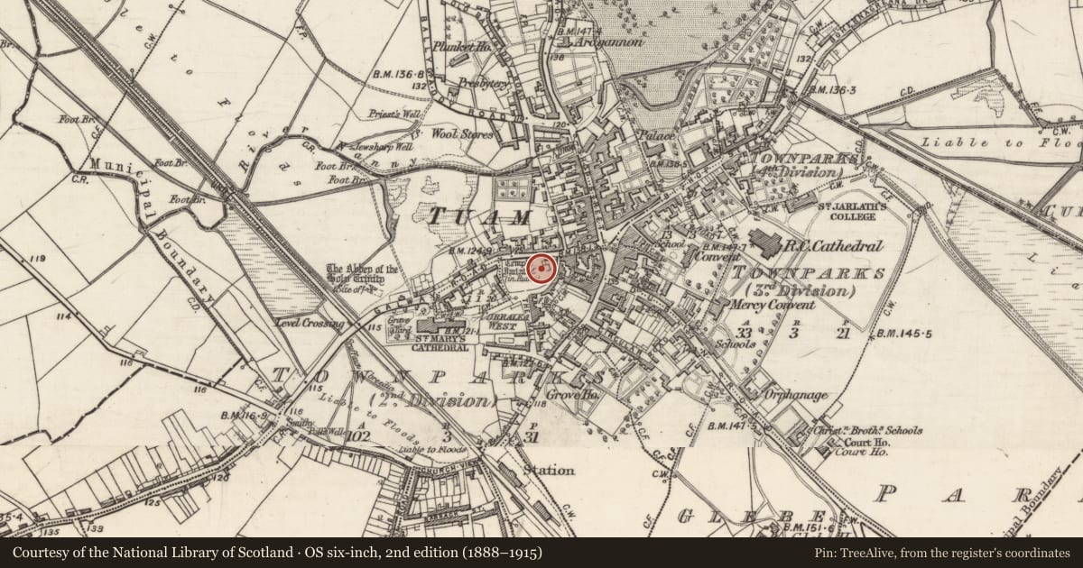 Ordnance Survey six-inch map, 2nd edition (1888–1915) covering the location of Church, Townparks (2nd Division - Tuam), County Galway, with a pin at the register's coordinates
