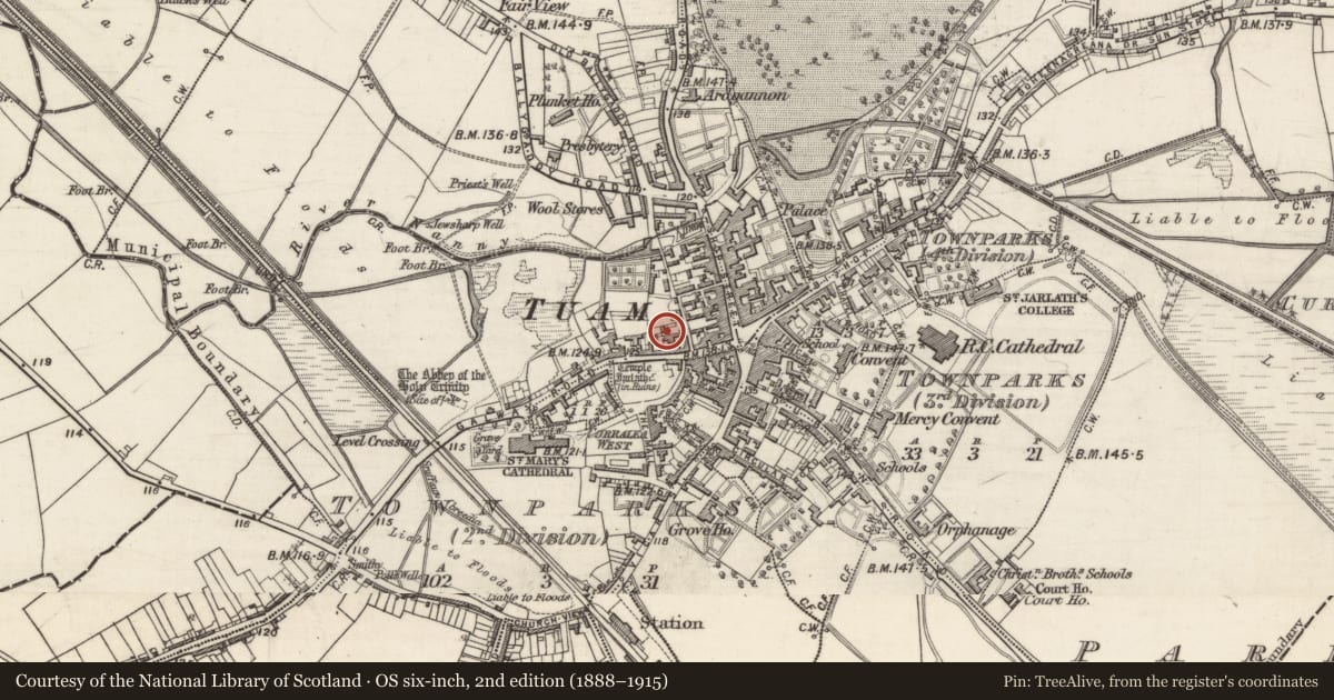 Ordnance Survey six-inch map, 2nd edition (1888–1915) covering the location of Church, Townparks (2nd Division - Tuam), County Galway, with a pin at the register's coordinates
