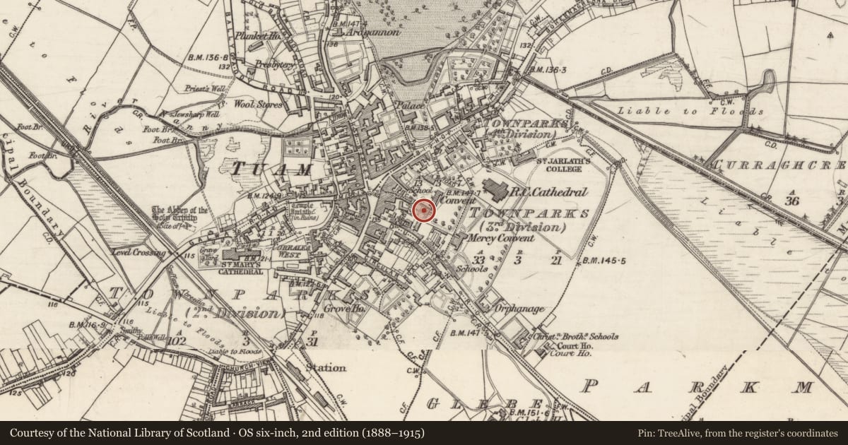 Ordnance Survey six-inch map, 2nd edition (1888–1915) covering the location of Graveyard, Townparks (4th Division - Tuam), County Galway, with a pin at the register's coordinates