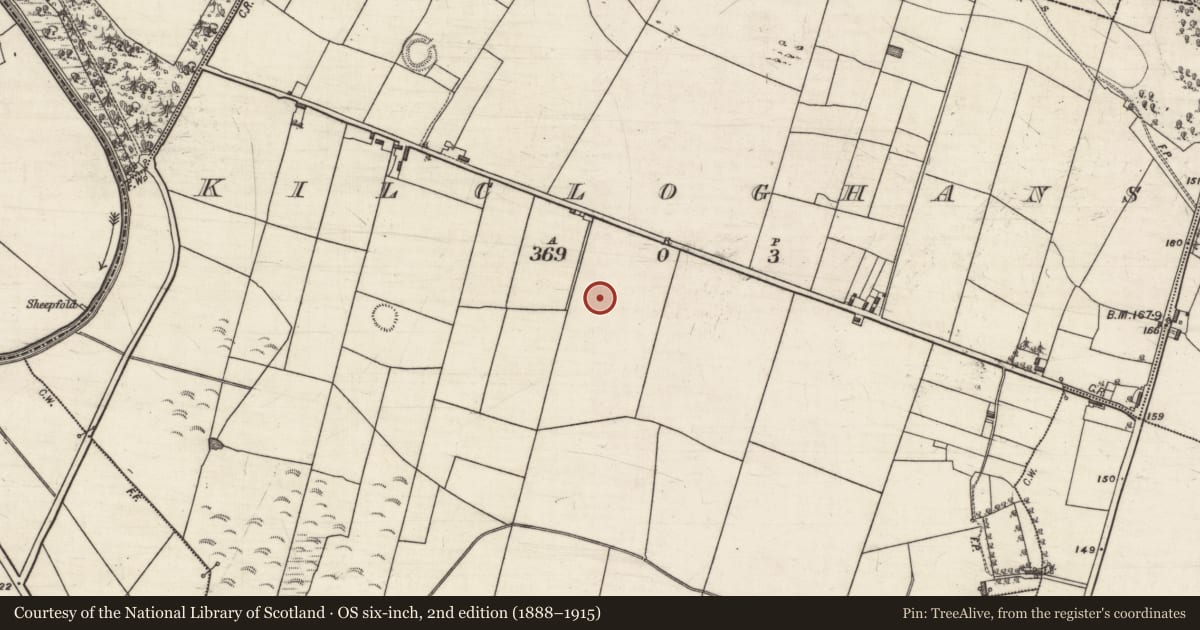 Ordnance Survey six-inch map, 2nd edition (1888–1915) covering the location of Enclosure, Kilcloghans, County Galway, with a pin at the register's coordinates