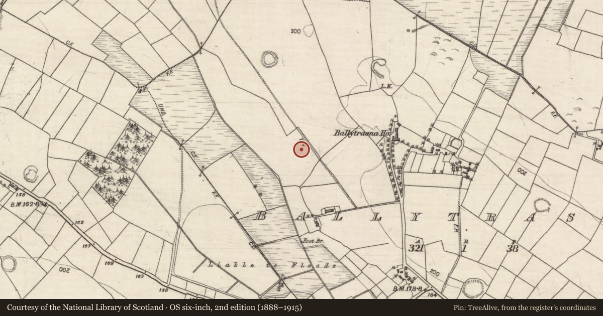 Ordnance Survey six-inch map, 2nd edition (1888–1915) covering the location of Moated site, Ballytrasna, County Galway, with a pin at the register's coordinates