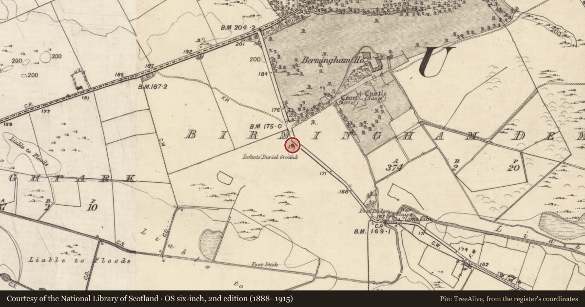 Ordnance Survey six-inch map, 2nd edition (1888–1915) covering the location of Children's burial ground, Birmingham Demesne, County Galway, with a pin at the register's coordinates