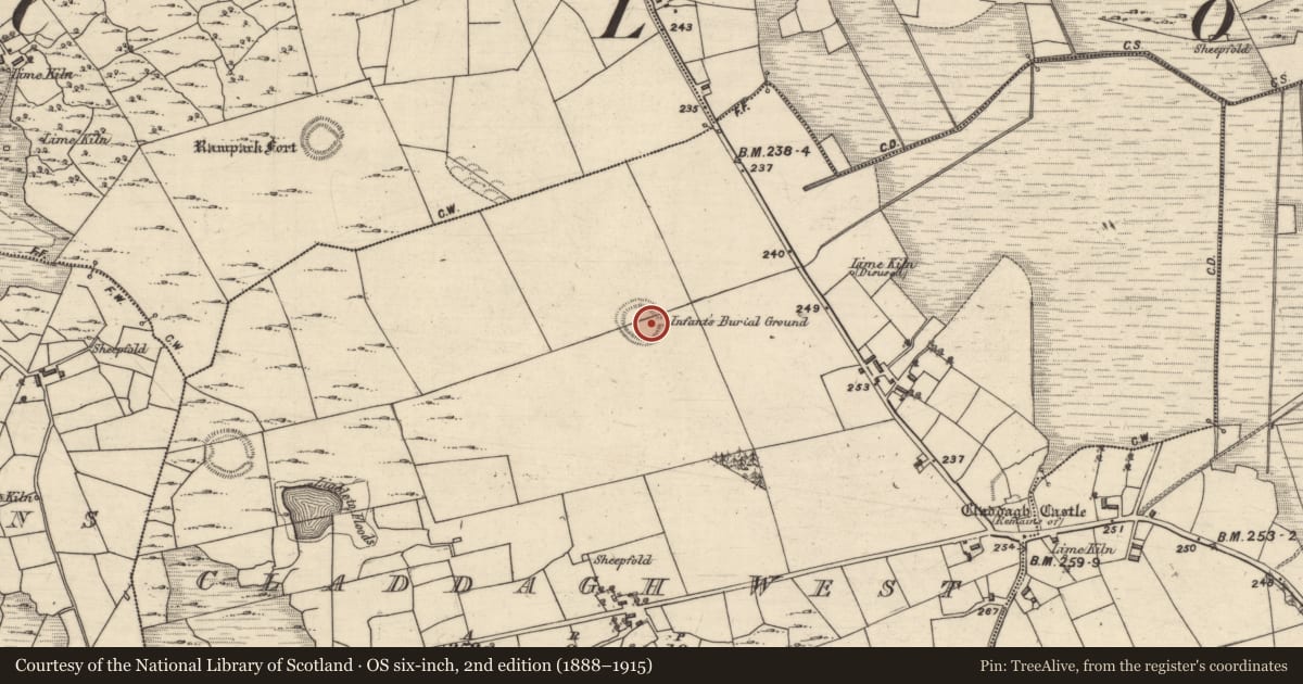 Ordnance Survey six-inch map, 2nd edition (1888–1915) covering the location of Children's burial ground, Claddagh West, County Galway, with a pin at the register's coordinates
