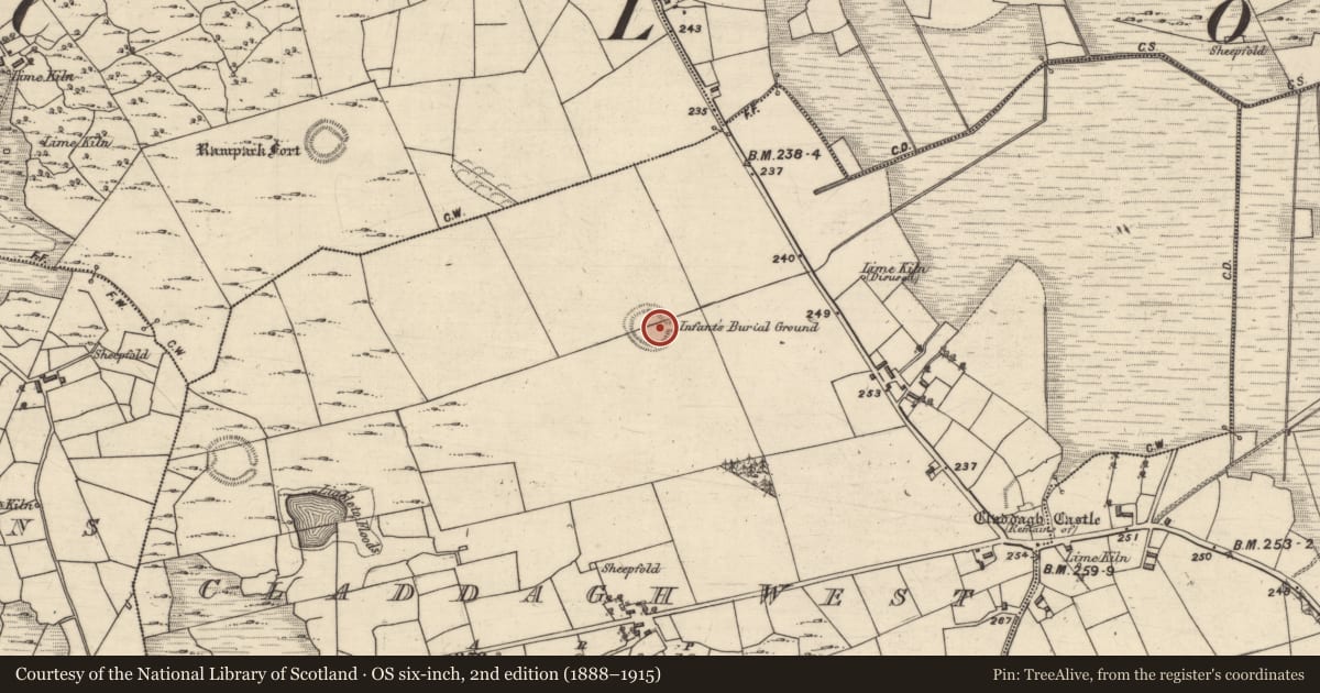 Ordnance Survey six-inch map, 2nd edition (1888–1915) covering the location of Souterrain, Claddagh West, County Galway, with a pin at the register's coordinates