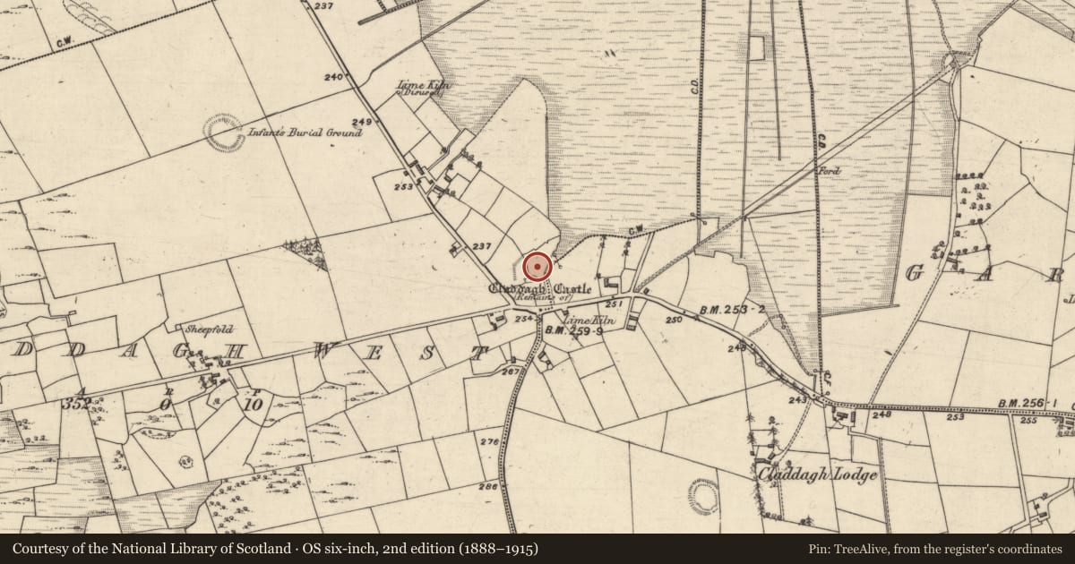 Ordnance Survey six-inch map, 2nd edition (1888–1915) covering the location of Enclosure, Claddagh West, County Galway, with a pin at the register's coordinates