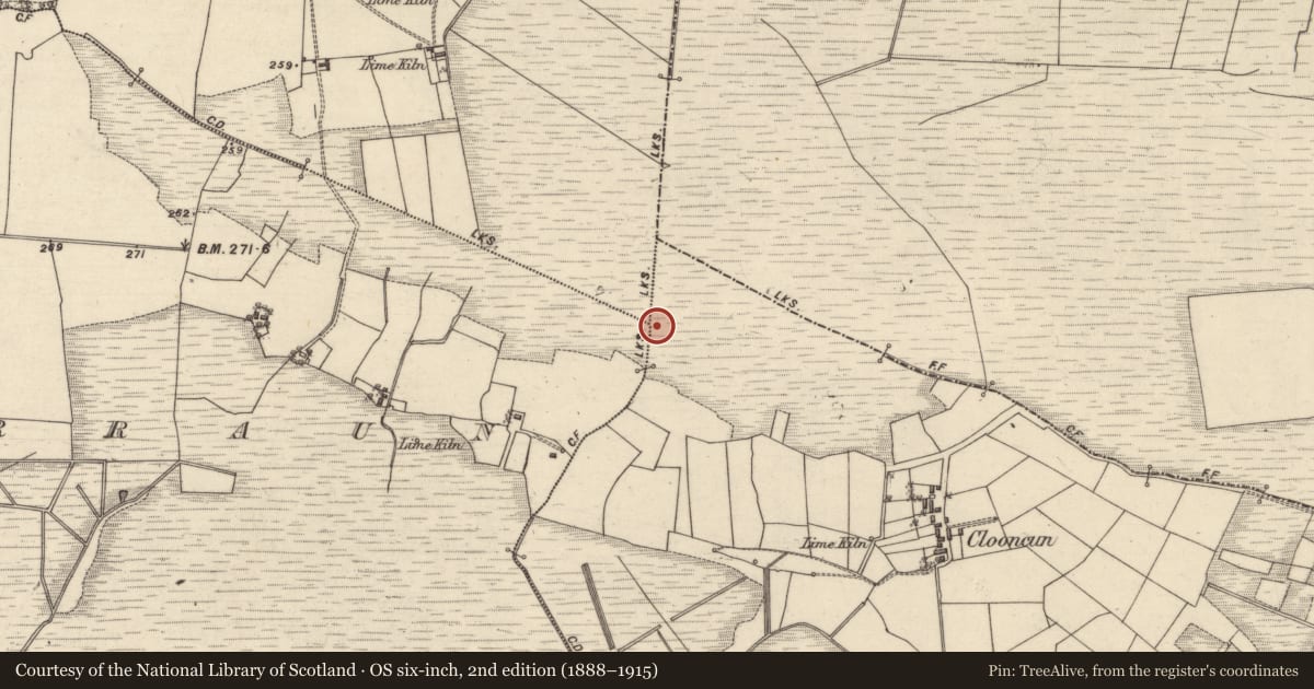Ordnance Survey six-inch map, 2nd edition (1888–1915) covering the location of Boundary mound, County Galway, with a pin at the register's coordinates