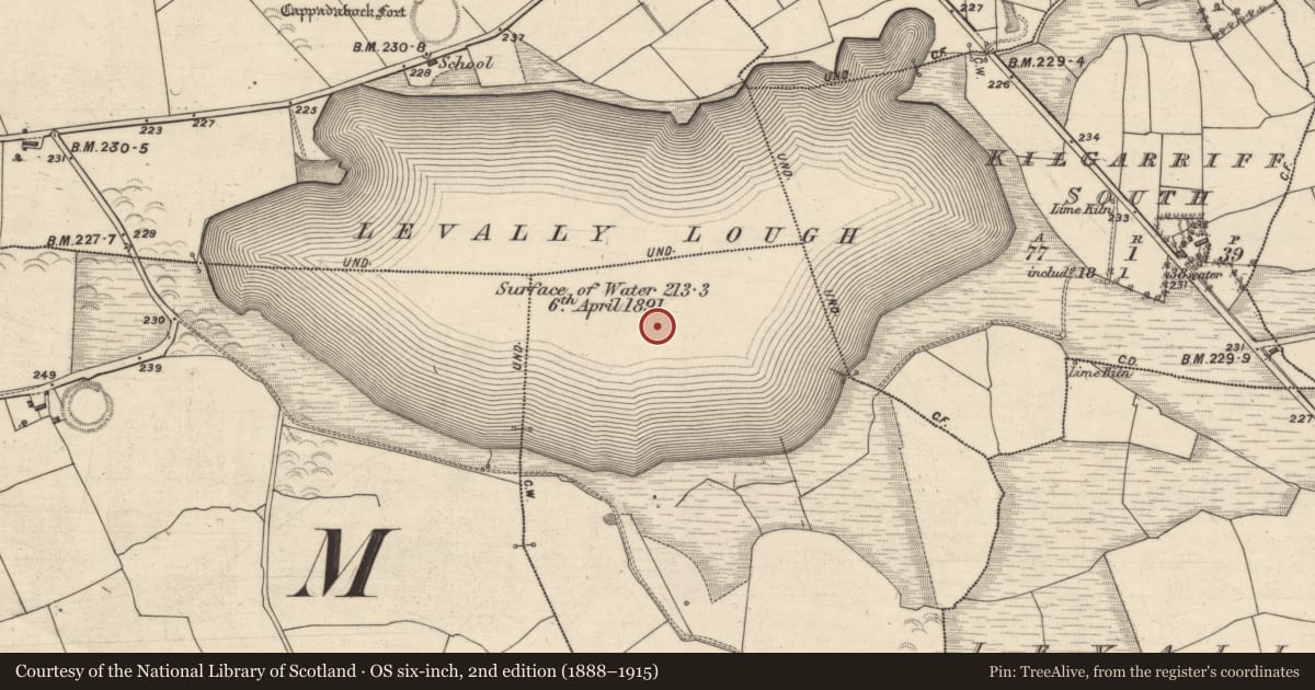 Ordnance Survey six-inch map, 2nd edition (1888–1915) covering the location of Crannog, Corralea, County Galway, with a pin at the register's coordinates