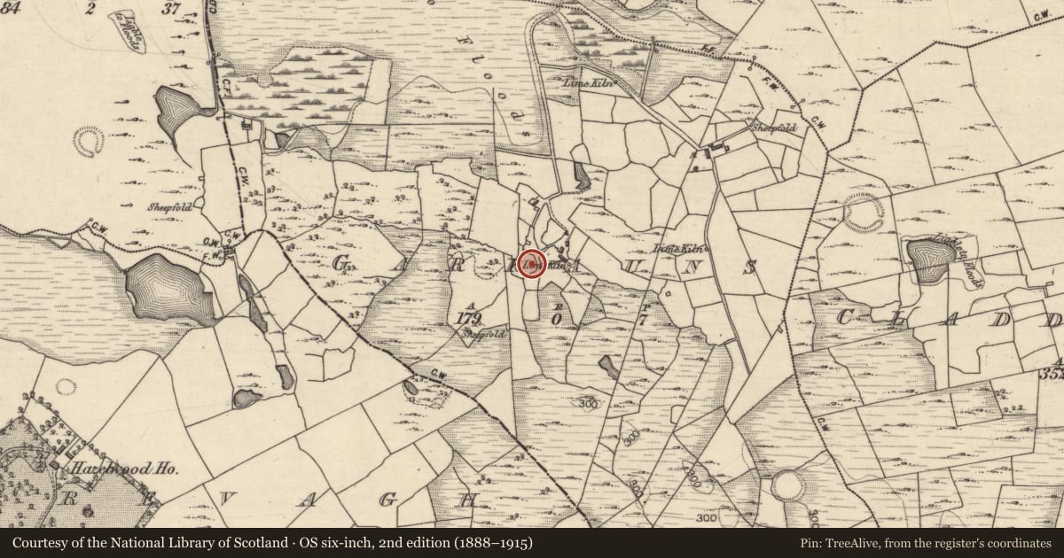 Ordnance Survey six-inch map, 2nd edition (1888–1915) covering the location of Enclosure, Garrauns, County Galway, with a pin at the register's coordinates