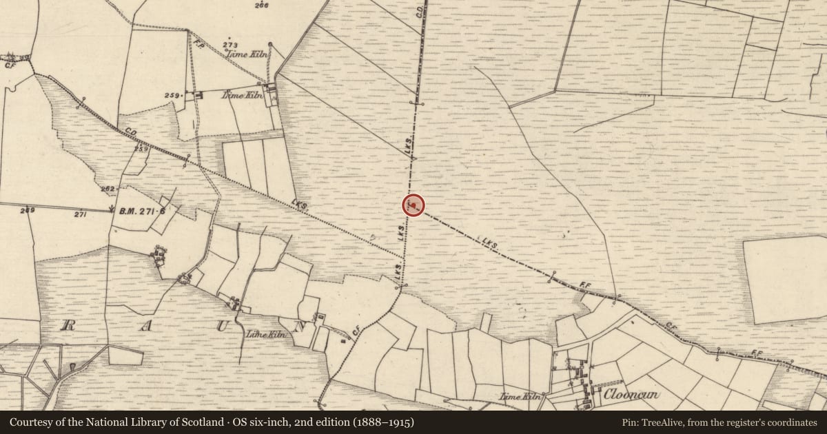 Ordnance Survey six-inch map, 2nd edition (1888–1915) covering the location of Boundary mound, Kilmurry, County Galway, with a pin at the register's coordinates