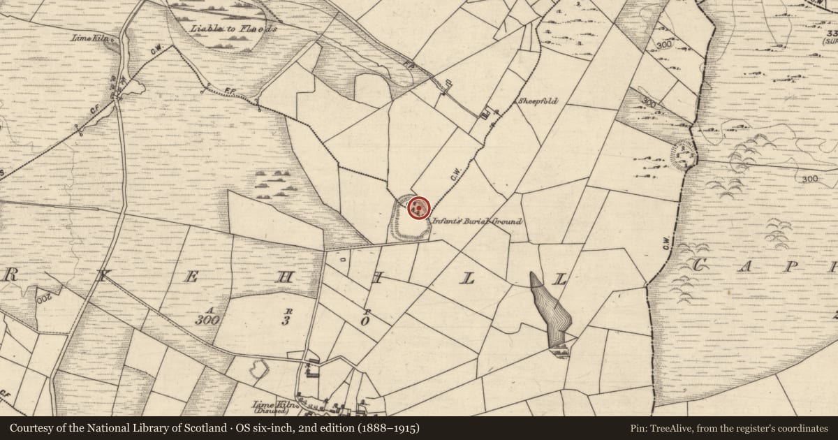 Ordnance Survey six-inch map, 2nd edition (1888–1915) covering the location of Children's burial ground, Tonrevagh, County Galway, with a pin at the register's coordinates