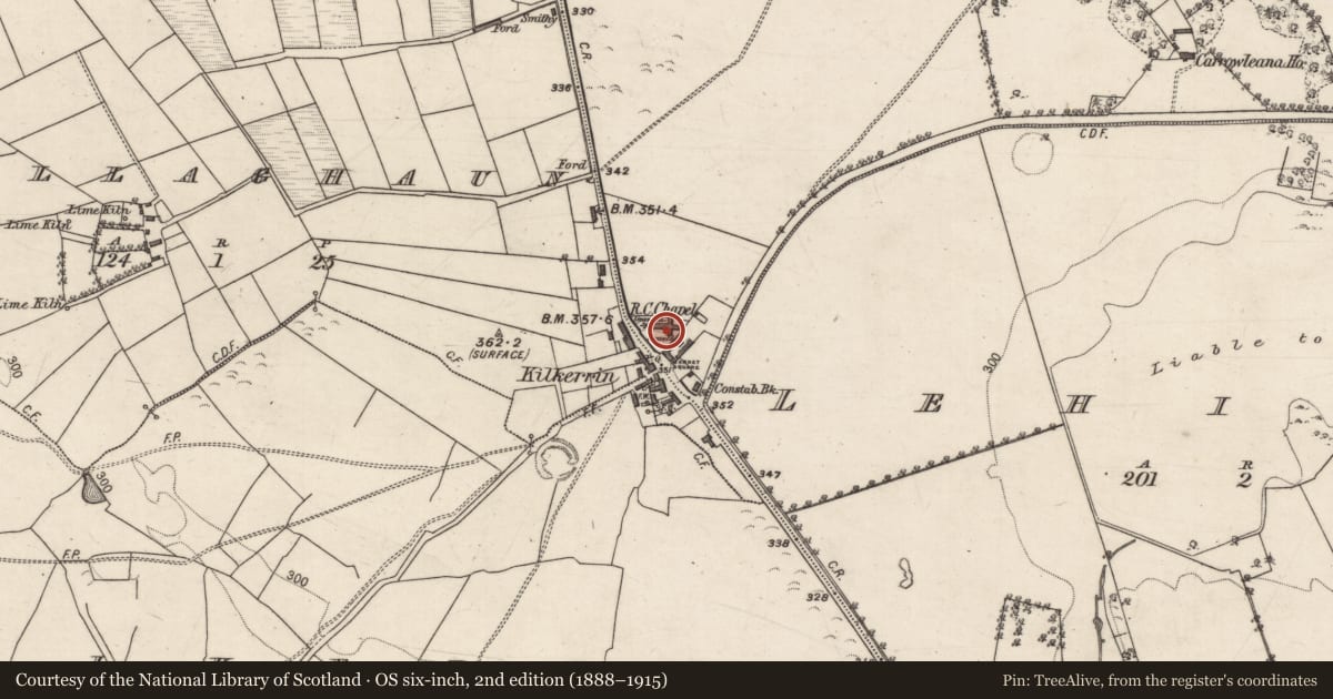 Ordnance Survey six-inch map, 2nd edition (1888–1915) covering the location of Church, Carrowleana, County Galway, with a pin at the register's coordinates