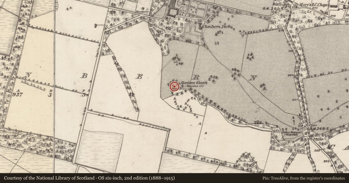 Ordnance Survey six-inch map, 2nd edition (1888–1915) covering the location of Church, Clonbern, County Galway, with a pin at the register's coordinates
