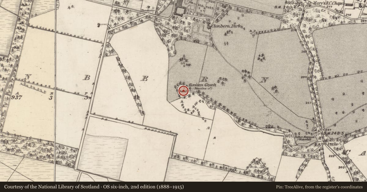 Ordnance Survey six-inch map, 2nd edition (1888–1915) covering the location of Graveyard, Clonbern, County Galway, with a pin at the register's coordinates