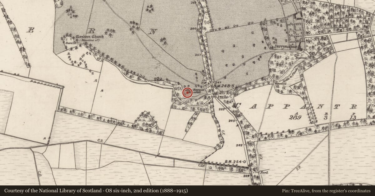 Ordnance Survey six-inch map, 2nd edition (1888–1915) covering the location of Ritual site - holy well, Clonbern, County Galway, with a pin at the register's coordinates