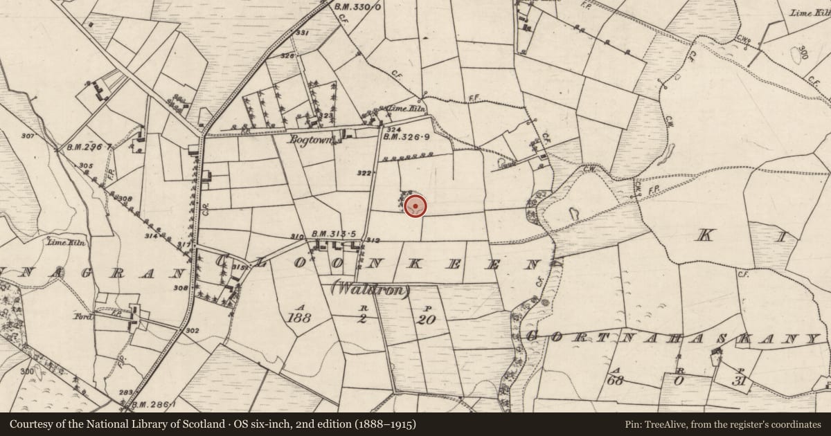 Ordnance Survey six-inch map, 2nd edition (1888–1915) covering the location of Ringfort - rath, Cloonkeen (Waldron), County Galway, with a pin at the register's coordinates